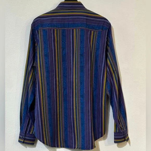 Robert Graham Shirt Blue Yellow Striped Paisley Abstract Flip Cuff Men's Sz L - Picture 5 of 11
